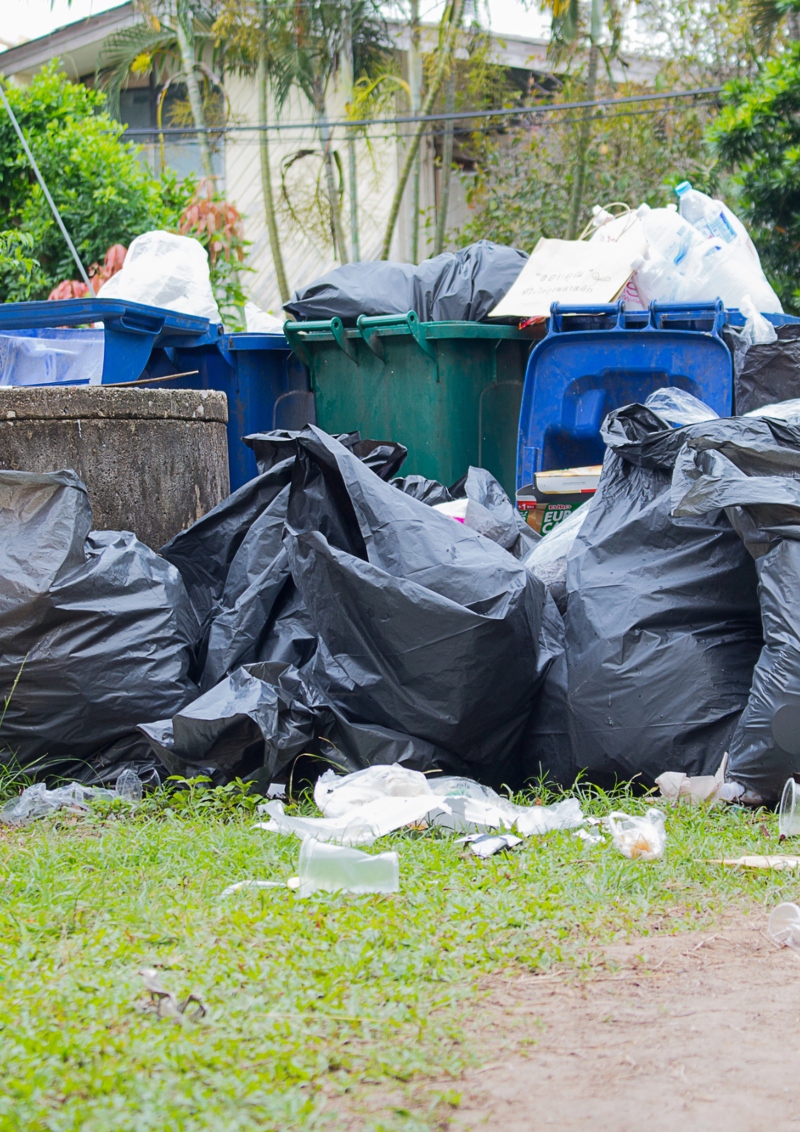 A pile of trash bags and loose trash spilling out of full trash cans
