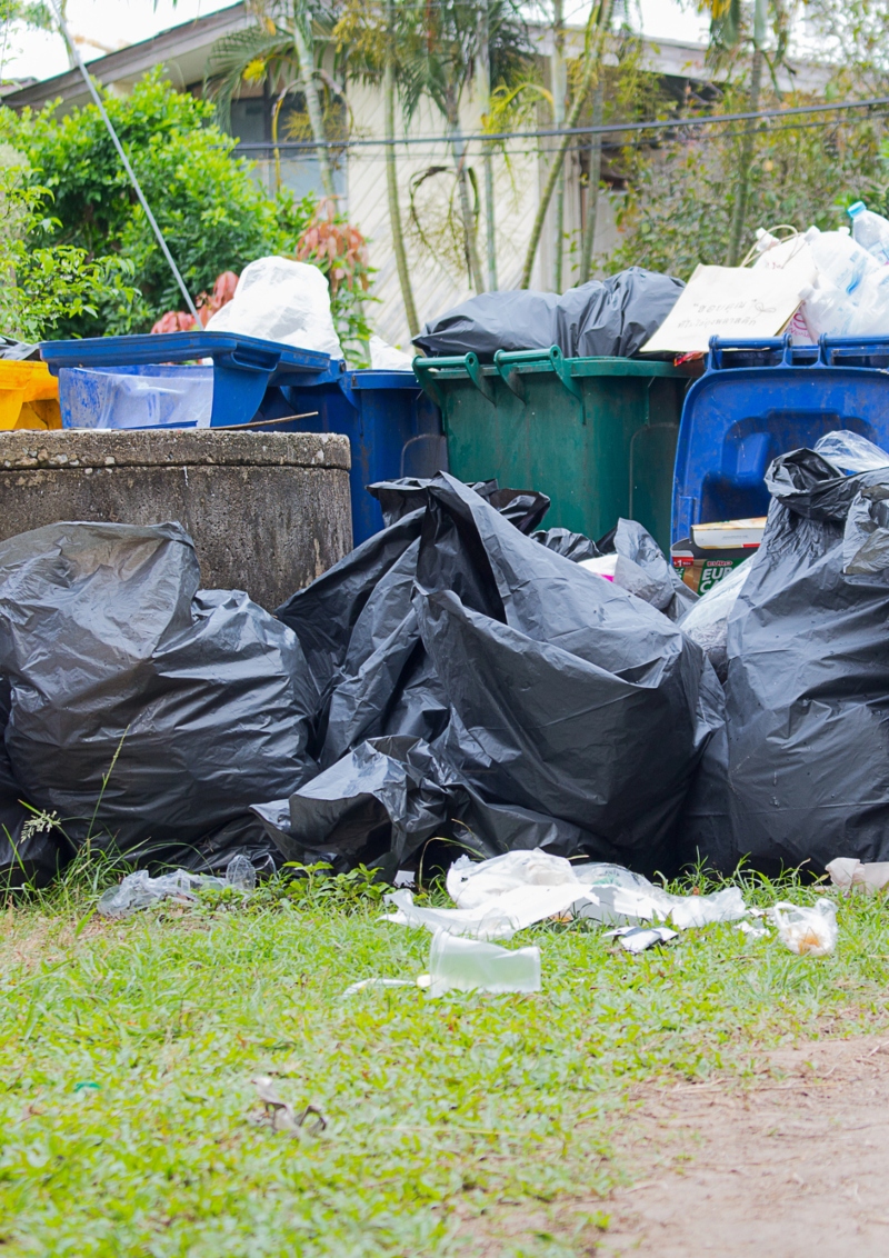 9 A pile of trash bags and loose trash spilling out of full trash cans